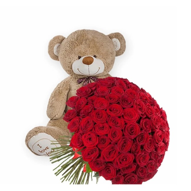 Букет цветов "101 роза и большая игрушка"